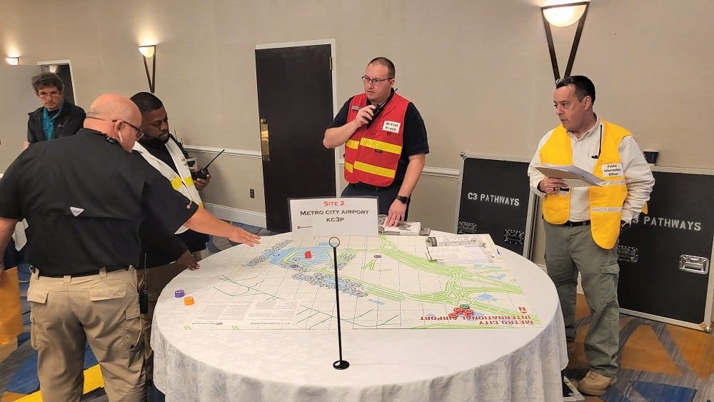 Responders in ICS command vests working a Counterstrike CCA exercise around a Metro City Airport environment map marked Site 2, with C3 Pathways cases in the background