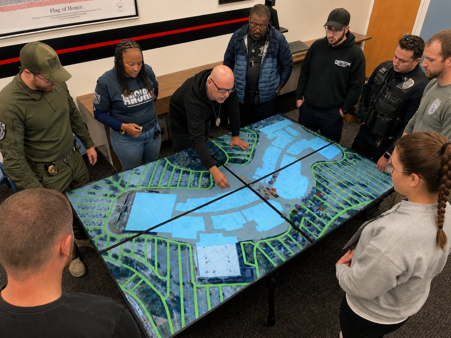 Responders from multiple agencies gathered around a Counterstrike Terrain surface showing an aerial map of a real location, one pointing at a position on the map