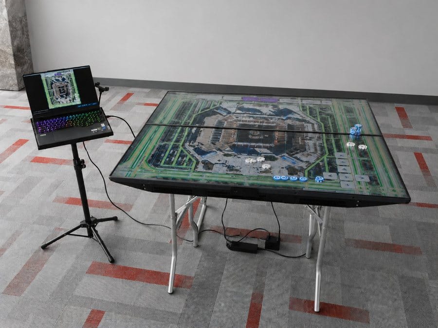 Counterstrike Terrain Standard configuration, a single 48 by 48 inch flat-panel display on stands, driven by a laptop, with resource chips staged on the map
